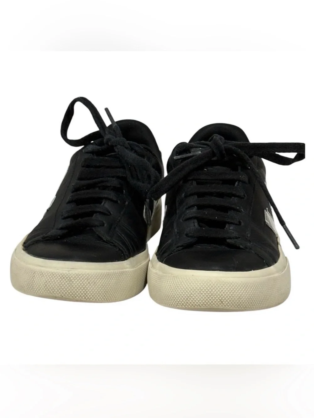Veja Black Leather Sneakers with White V Detail